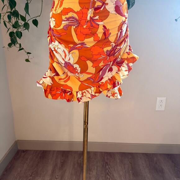 Urban Outfitters Floral Ruched Ruffle Mini Dress Orange Yellow Groovy Y2K Retro - Picture 4 of 6